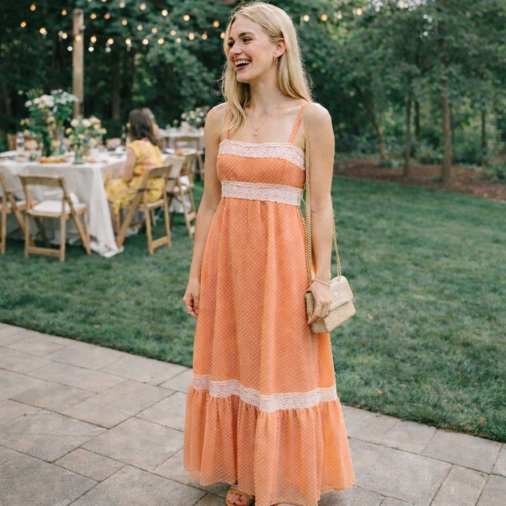 Vintage 70s/80s Retro two-piece party tangerine maxi sundress Women’s *6/8 READ